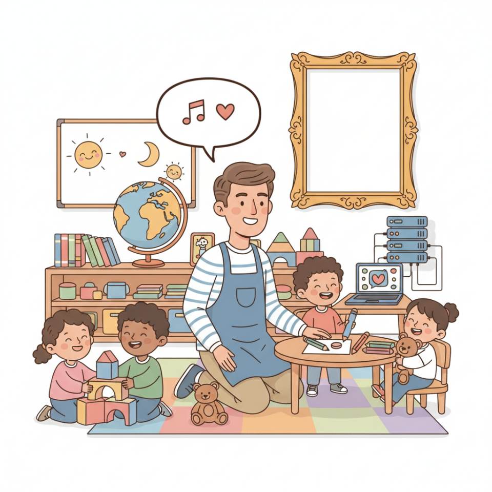 Comic-Darstellung eines Erziehers mit Kindern beim gemeinsamen Spiel und Basteln in einer Kita