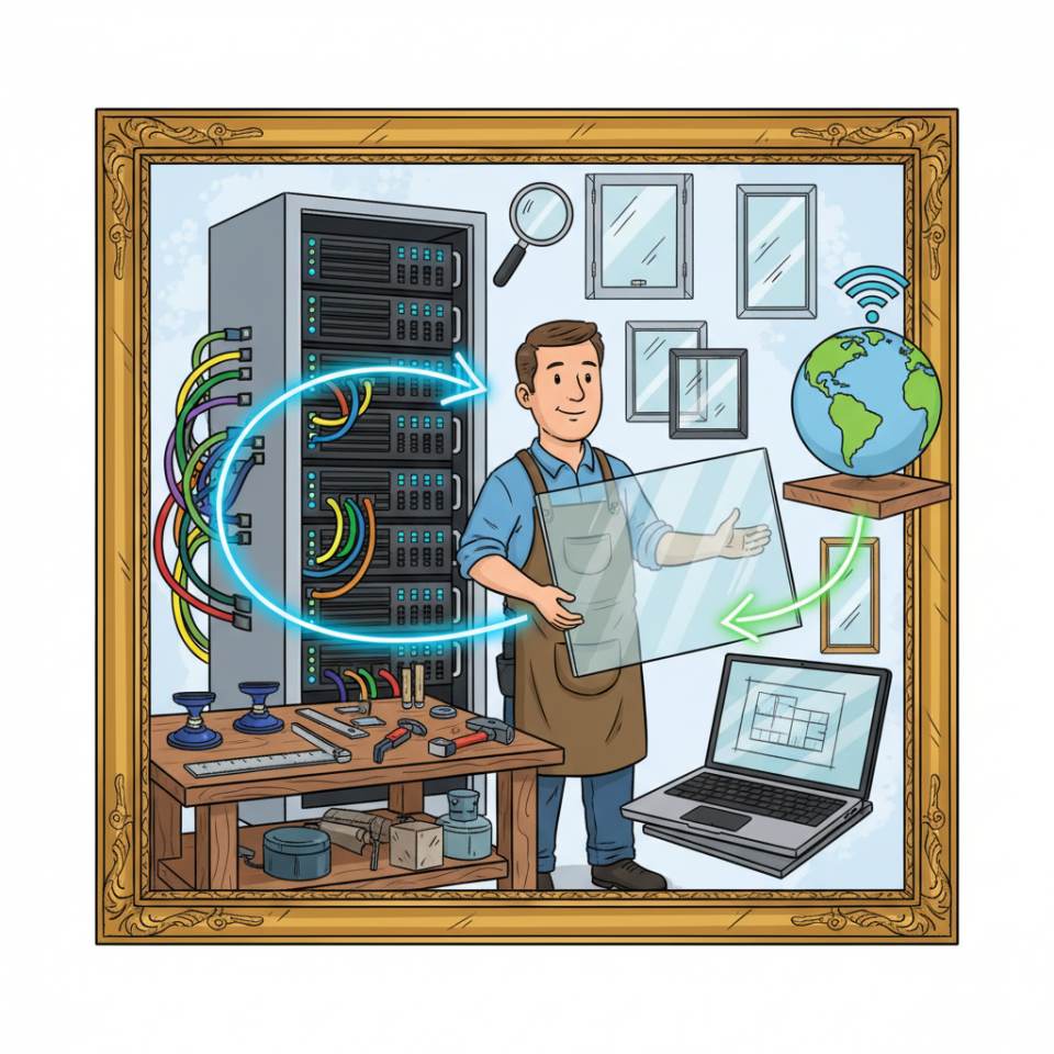 Comic illustration of a glazier with safety glasses cutting and fitting a glass pane