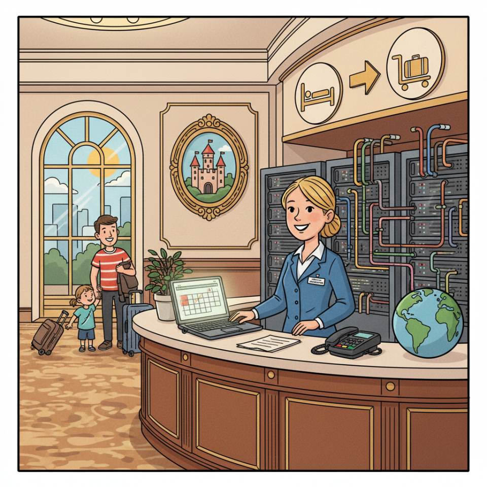 Comic illustration of a hotel specialist at reception with a key card, guest list and hotel lobby in the background