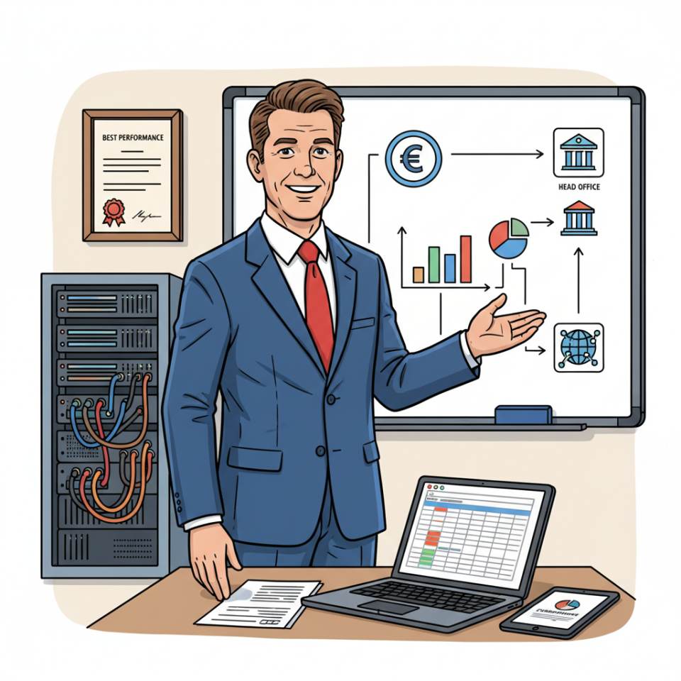 Comic illustration of a commercial director with laptop, KPI board and team in a modern office
