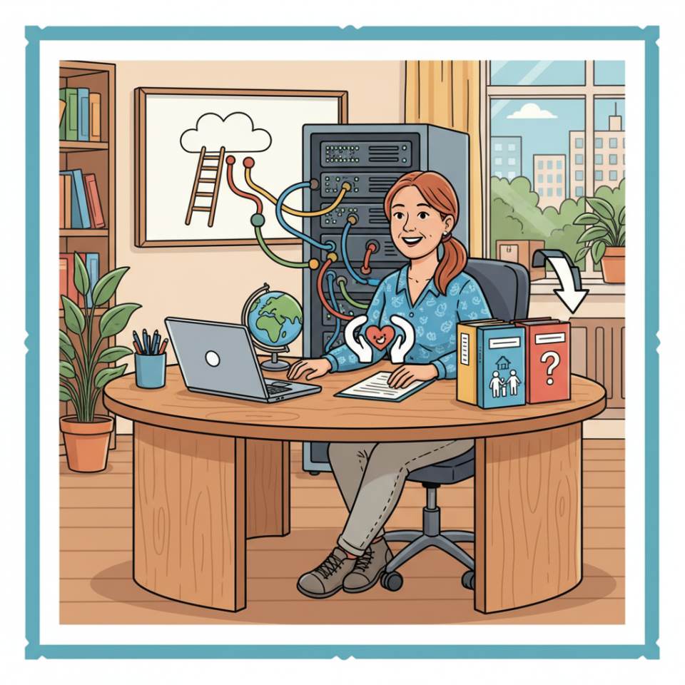 Comic illustration of a social worker in a counselling session with clients at a counselling centre