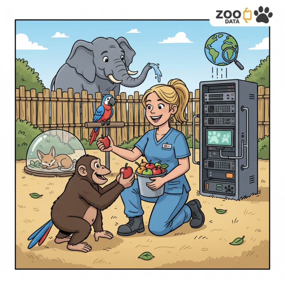 Comic illustration of an animal keeper with a feed bucket in front of an enclosure with animals in a zoo
