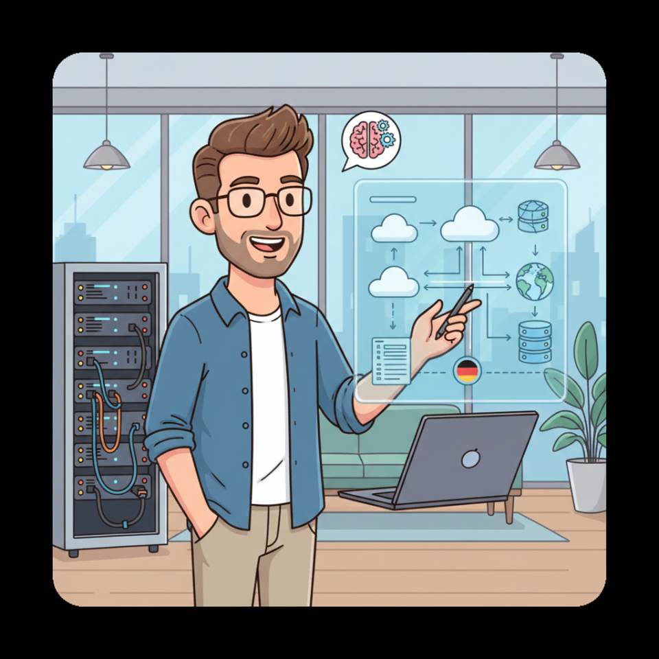 Ilustración cómic de un arquitecto de TI con diagrama de arquitectura, iconos cloud y portátil en una pizarra
