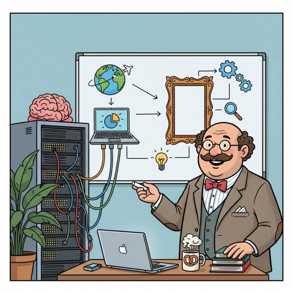 Ilustración cómica de un profesor universitario con aula magna, pizarra, montones de libros y símbolos de investigación en la universidad
