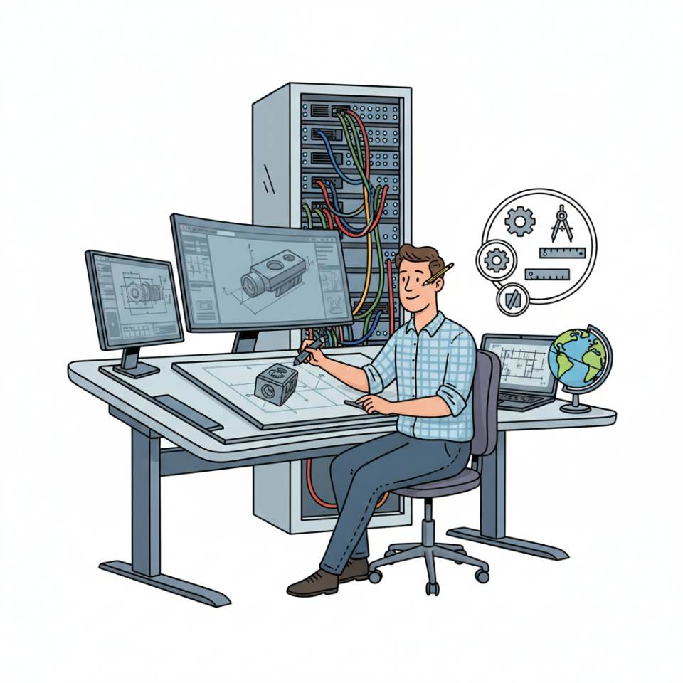 Комикс-изображение технического чертёжника за CAD-рабочим местом с техническими чертежами и 3D-моделями