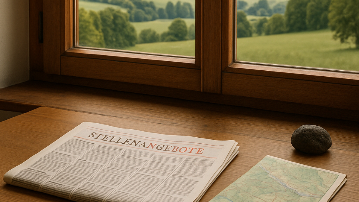 Zeitung mit Stellenangeboten am Fenster zur Berlin-Brandenburg-Landschaft